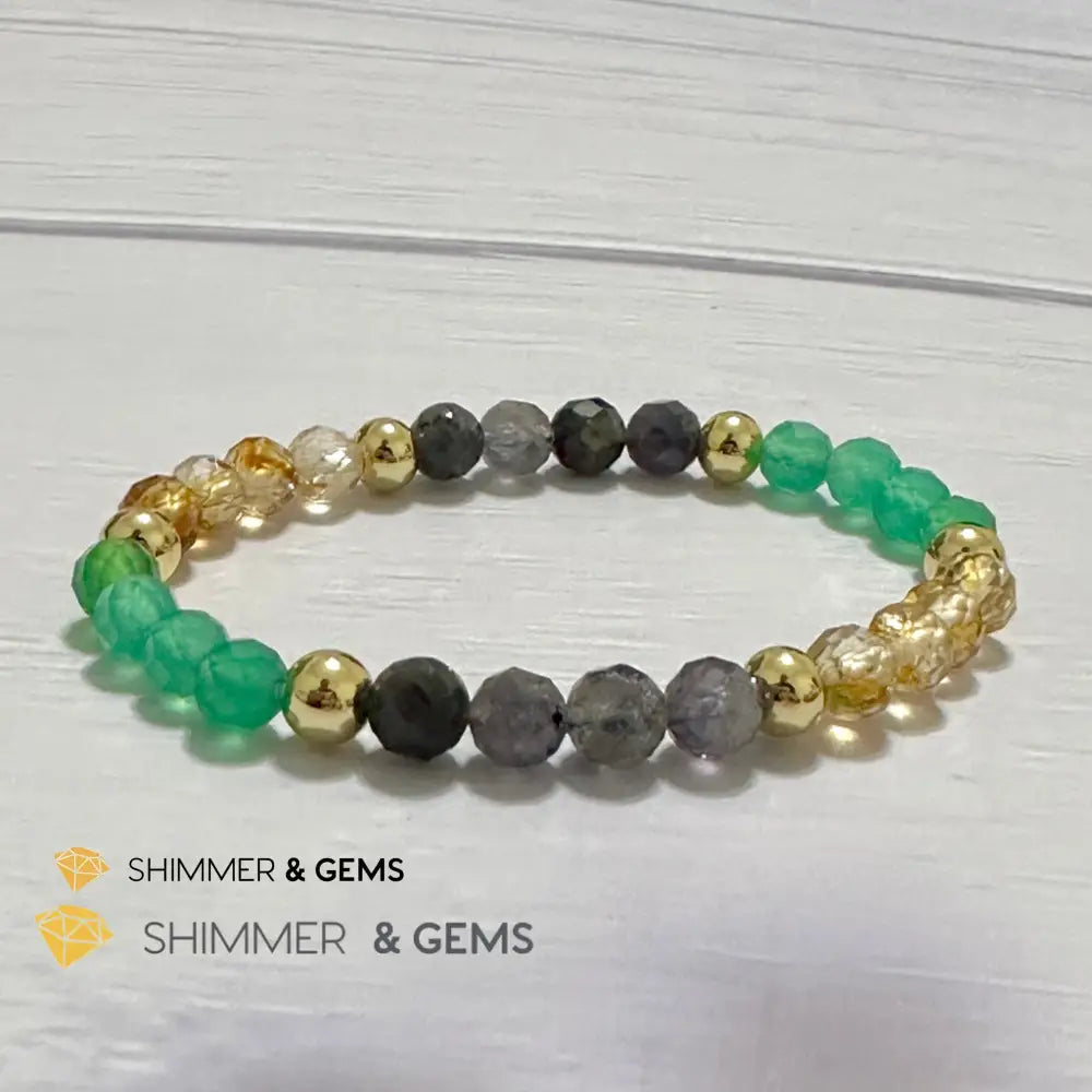 Debt-Free Remedy Bracelet (Iolite Green Agate Citrine 6mm with 14k gold filled beads)