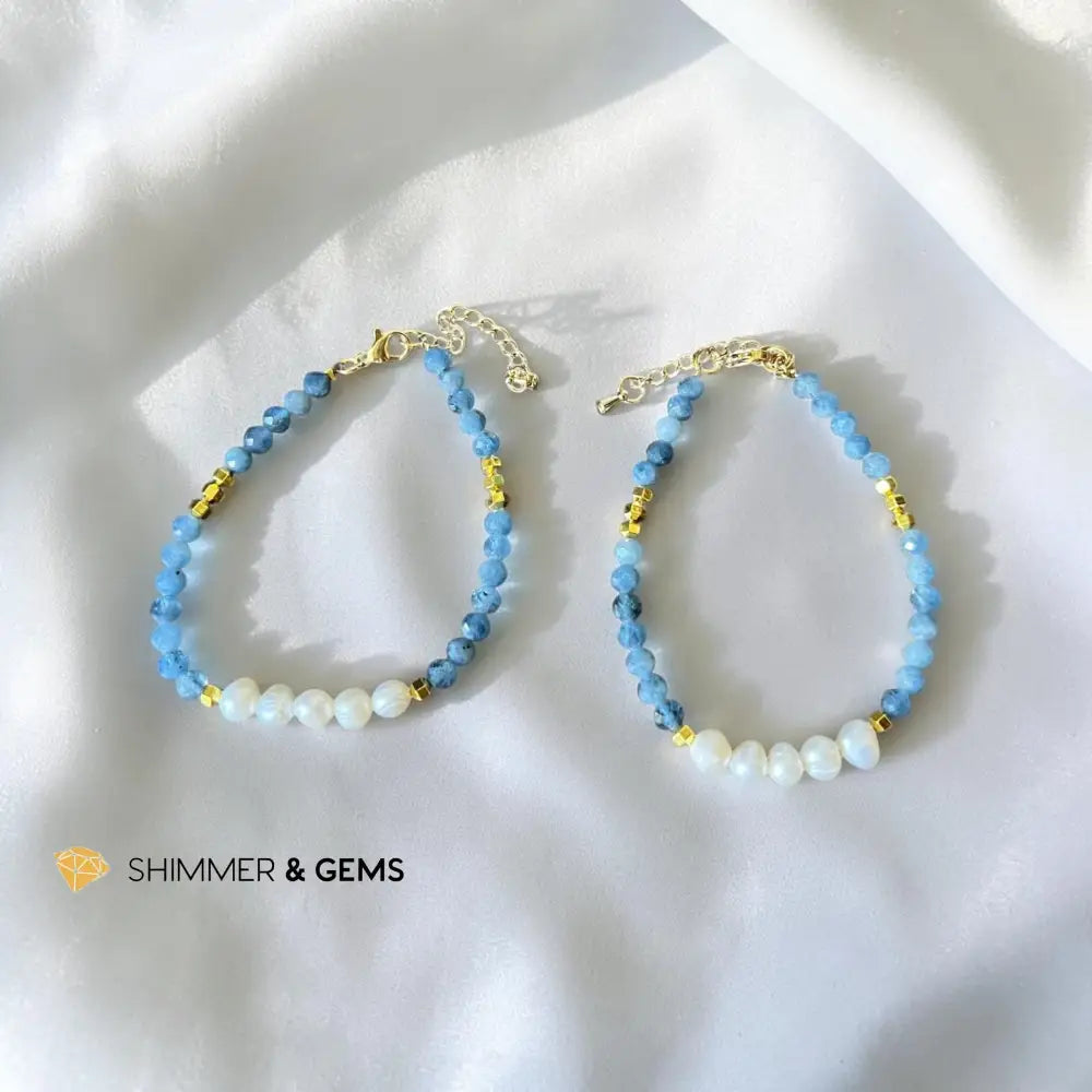 Deep Blue Aquamarine & Pearl Beads 3mm 14k Gold Filled Bracelet - Adjustable Size