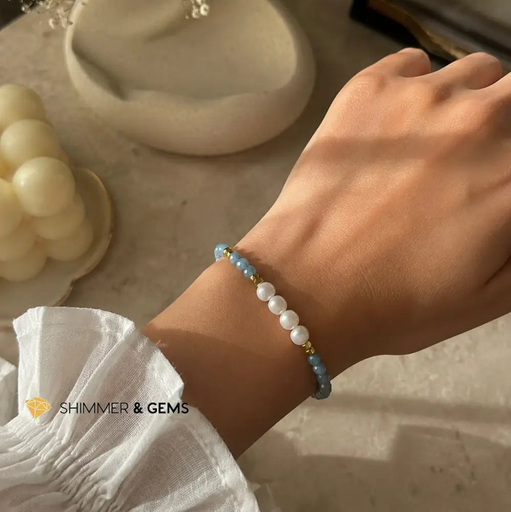 Deep Blue Aquamarine & Pearl Beads 3mm 14k Gold Filled Bracelet - Adjustable Size