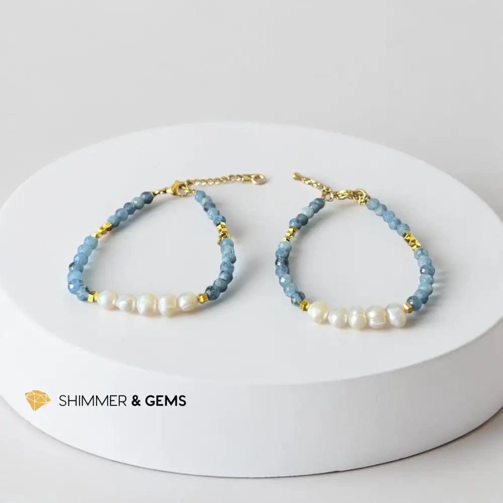 Deep Blue Aquamarine & Pearl Beads 3mm 14k Gold Filled Bracelet - Adjustable Size
