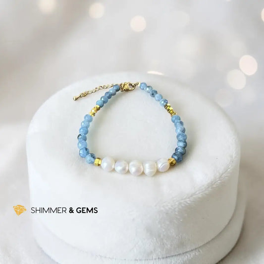 Deep Blue Aquamarine & Pearl Beads 3mm 14k Gold Filled Bracelet - Adjustable Size