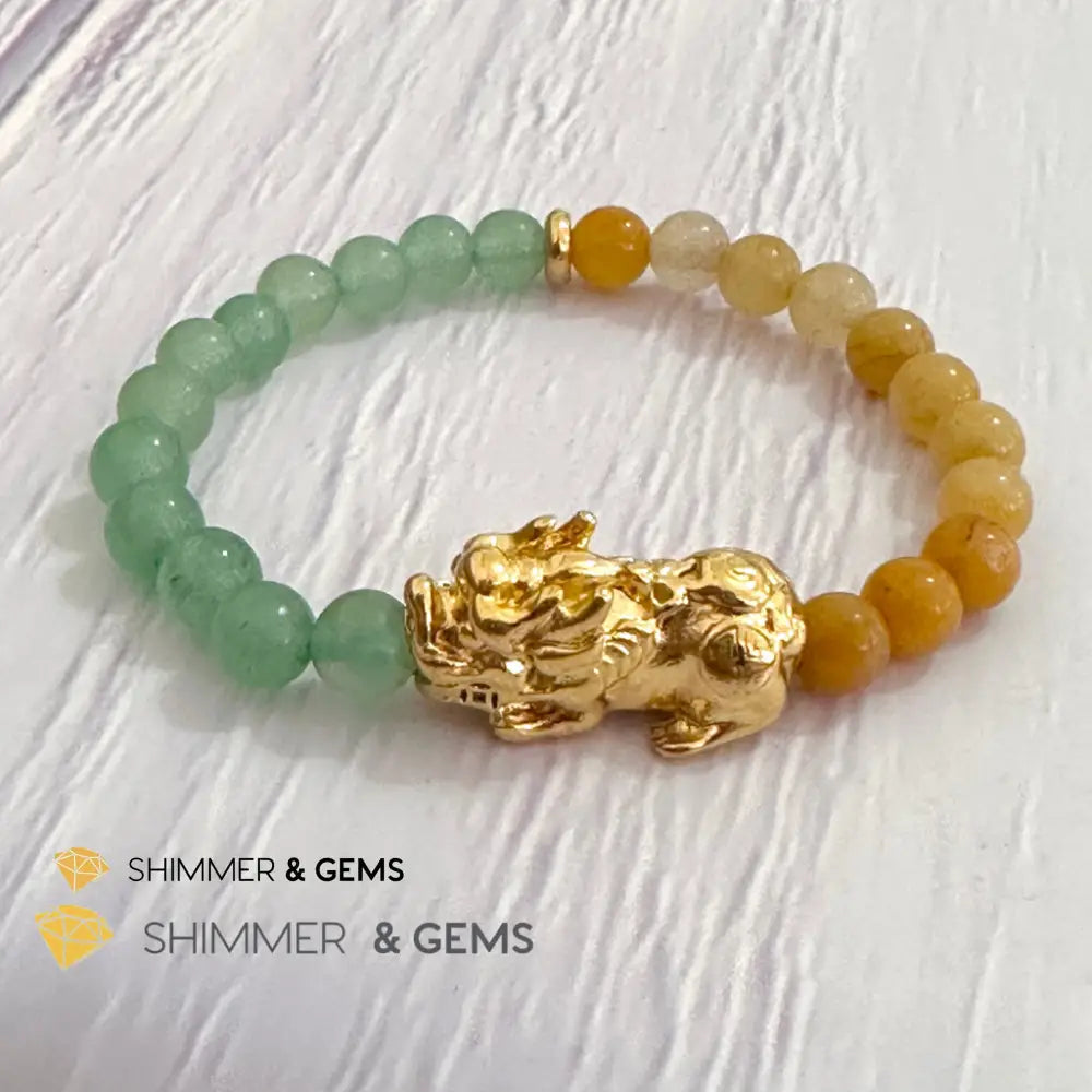Double Good Luck Pixiu Bracelet (Stainless Steel) Aventurine and Yellow Jade 6mm