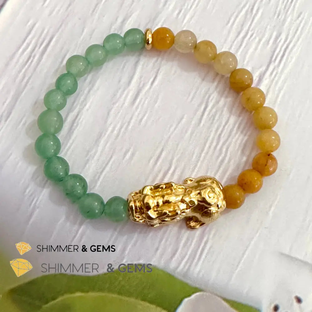 Double Good Luck Pixiu Bracelet (Stainless Steel) Aventurine and Yellow Jade 6mm