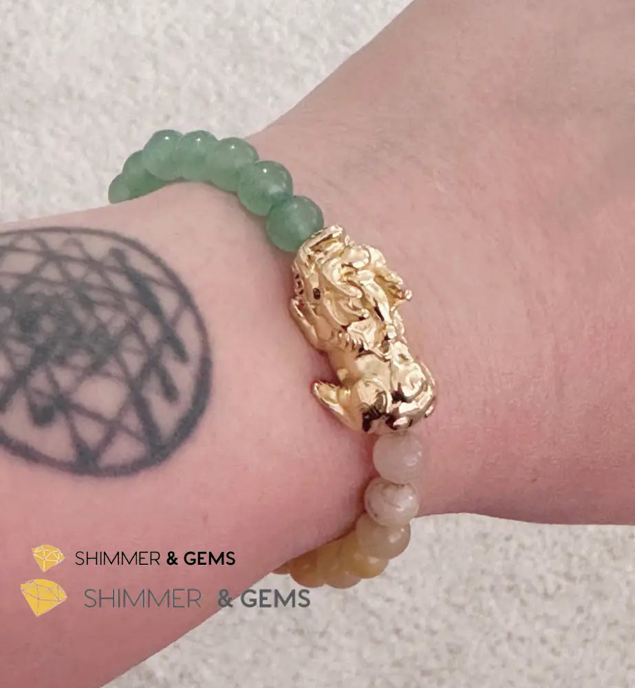 Double Good Luck Pixiu Bracelet (Stainless Steel) Aventurine and Yellow Jade 6mm