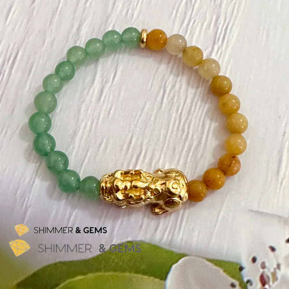 Double Good Luck Pixiu Bracelet (Stainless Steel) Aventurine and Yellow Jade 6mm 5.5”