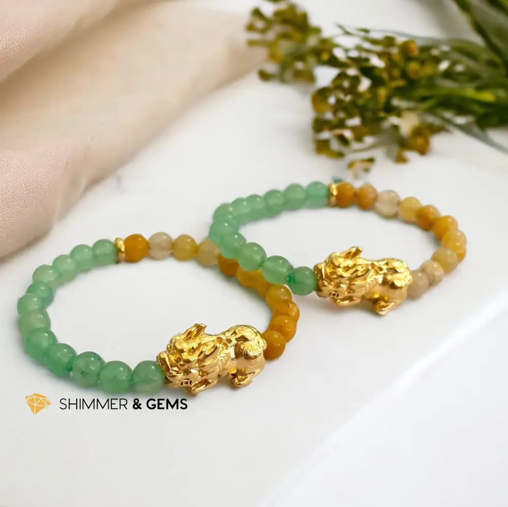 Double Good Luck Pixiu Bracelet (Stainless Steel) Aventurine and Yellow Jade 6mm