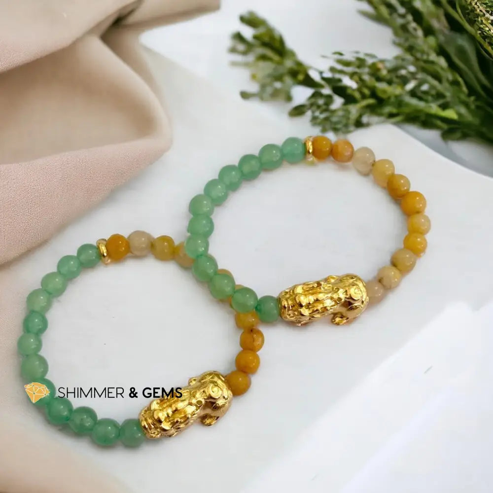 Double Good Luck Pixiu Bracelet (Stainless Steel) Aventurine and Yellow Jade 6mm
