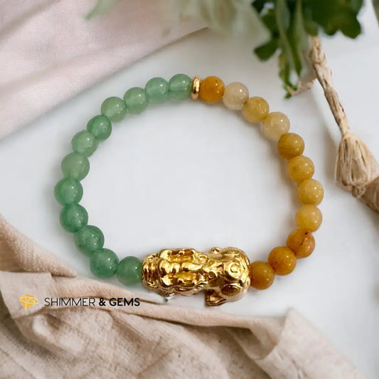 Double Good Luck Pixiu Bracelet (Stainless Steel) Aventurine and Yellow Jade 6mm