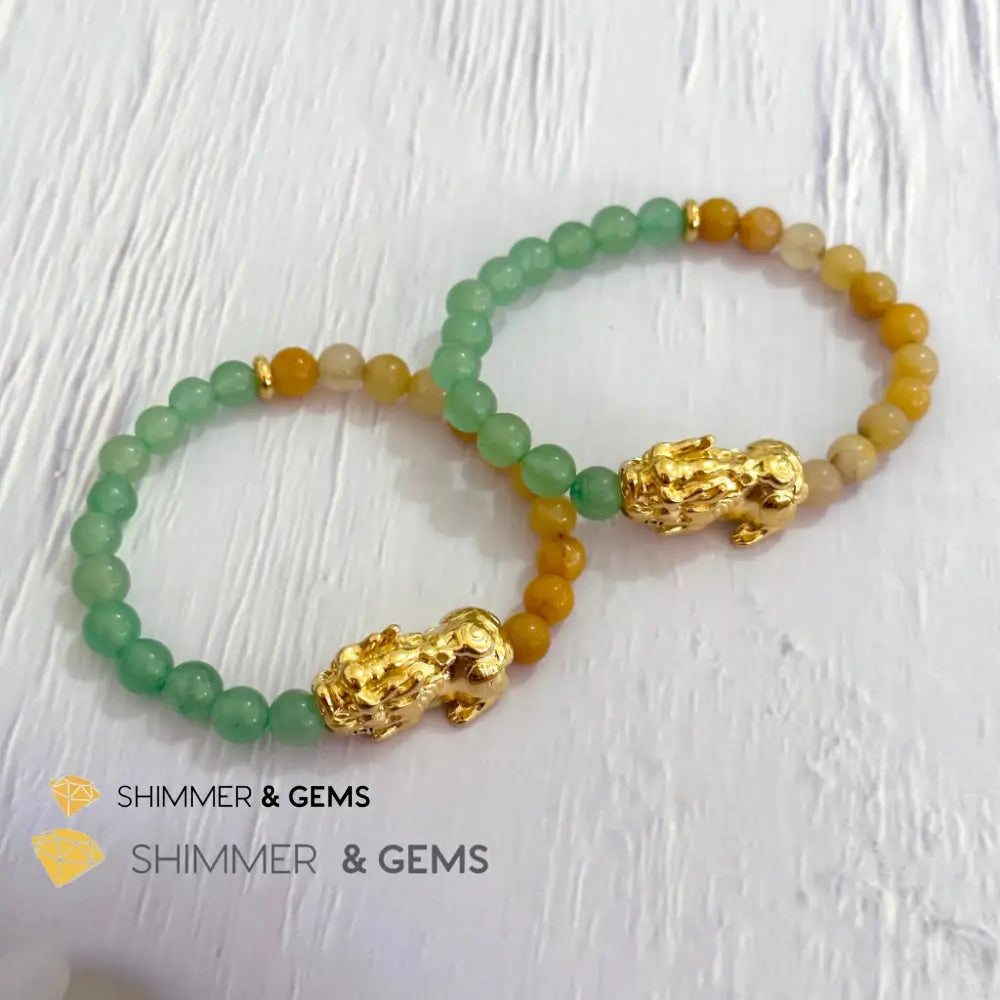 Double Good Luck Pixiu Bracelet (Stainless Steel) Aventurine and Yellow Jade 6mm