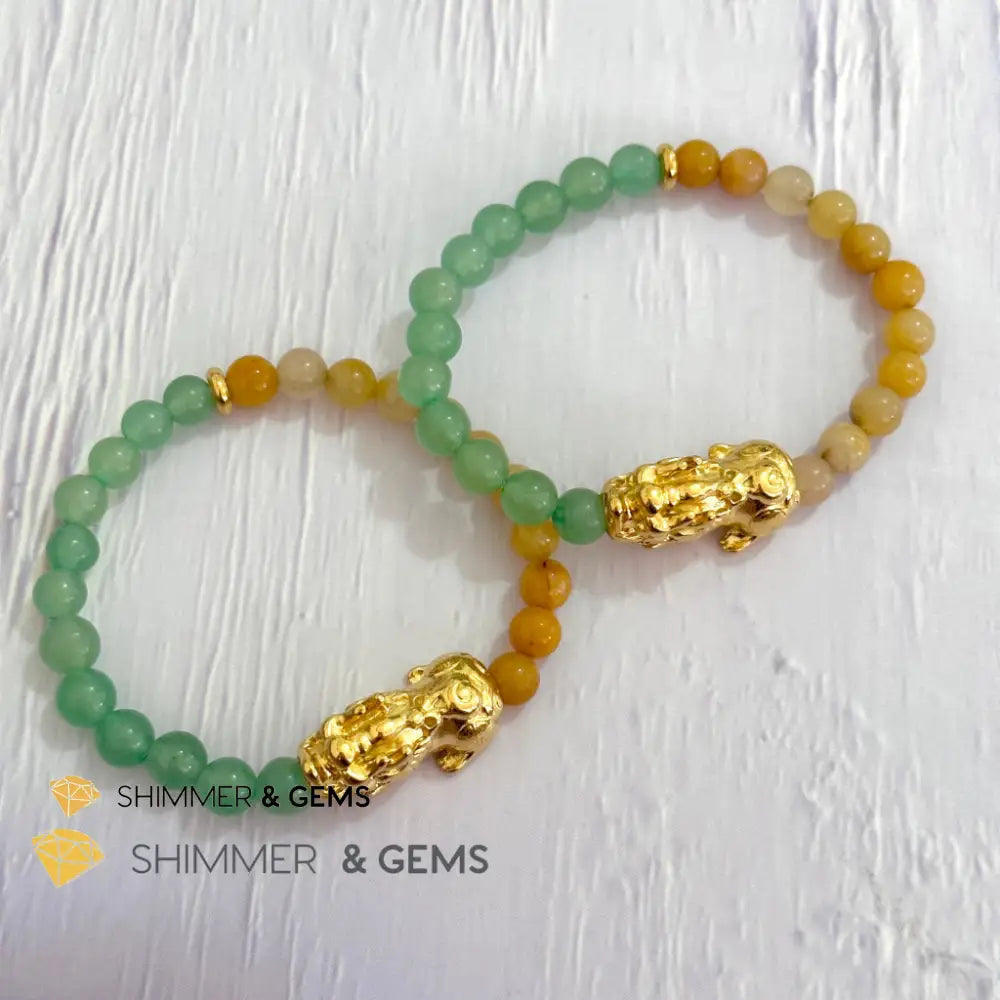 Double Good Luck Pixiu Bracelet (Stainless Steel) Aventurine and Yellow Jade 6mm