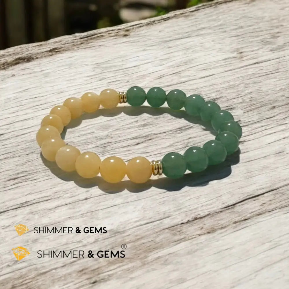 Double Luck 8mm Green Aventurine & Yellow Jade Bracelet with stainless steel rondelle 14k gold plated beads 5.5”