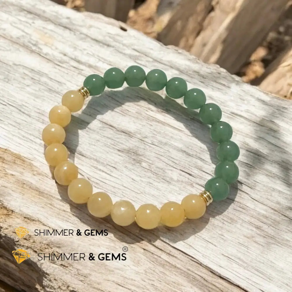Double Luck 8mm Green Aventurine & Yellow Jade Bracelet with stainless steel rondelle 14k gold plated beads 6.5”