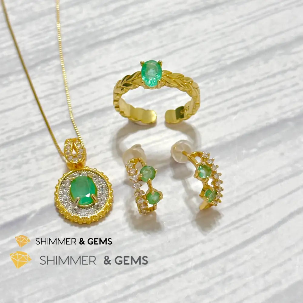 Emerald Jewelry Set (Ring Earrings Necklace) 925 Silver Gold Plated Set of Ring, Earrings, Necklace