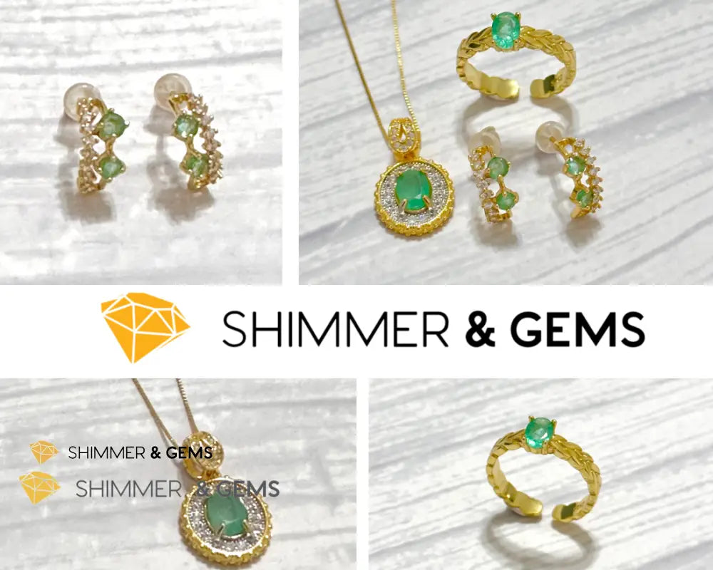 Emerald Jewelry Set (Ring Earrings Necklace) 925 Silver Gold Plated Set of Ring, Earrings, Necklace