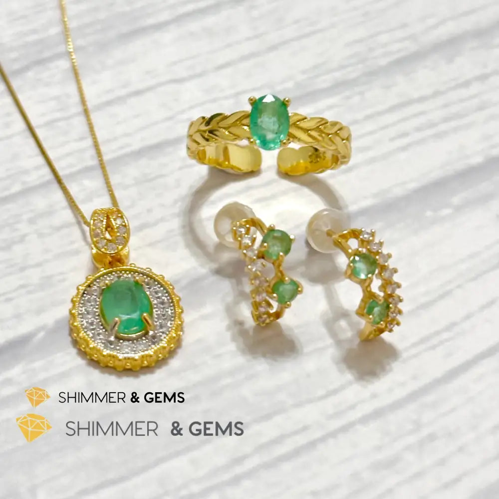 Emerald Jewelry Set (Ring Earrings Necklace) 925 Silver Gold Plated Set of Ring, Earrings, Necklace