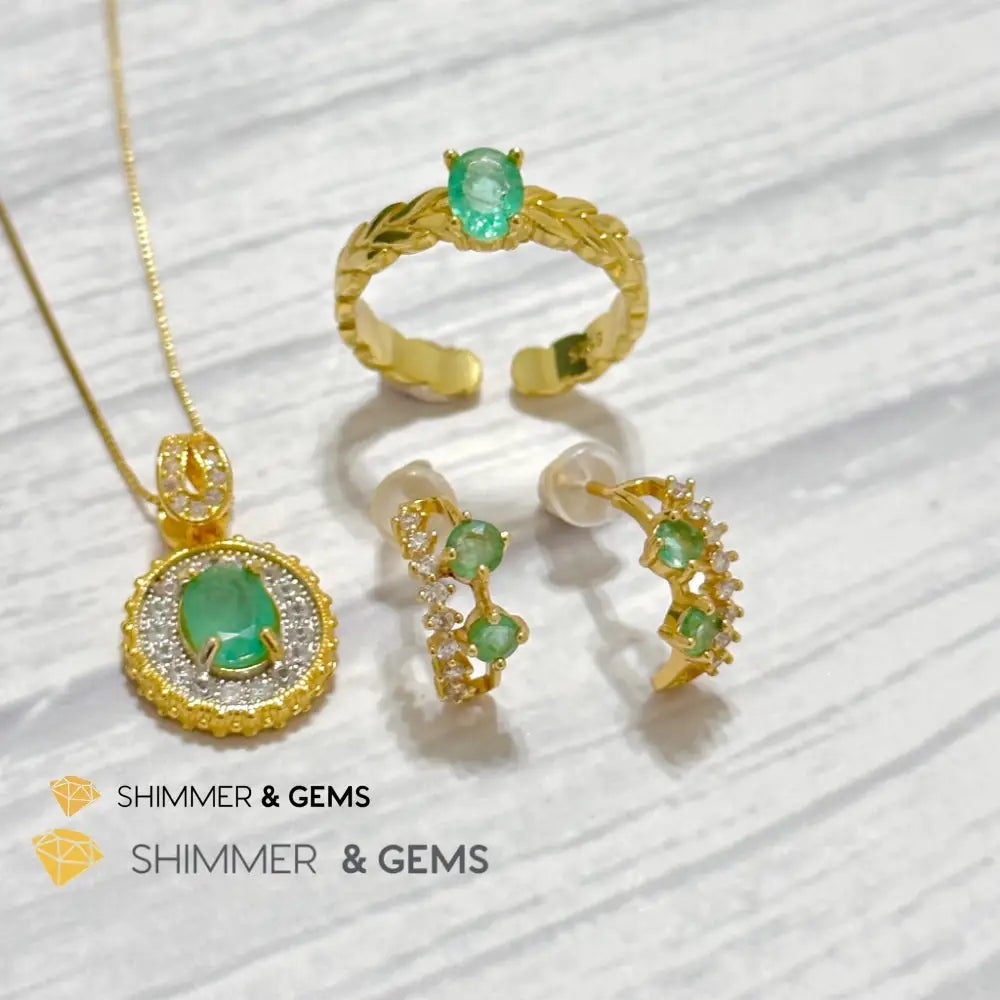 Emerald Jewelry Set (Ring Earrings Necklace) 925 Silver Gold Plated Set of Ring, Earrings, Necklace