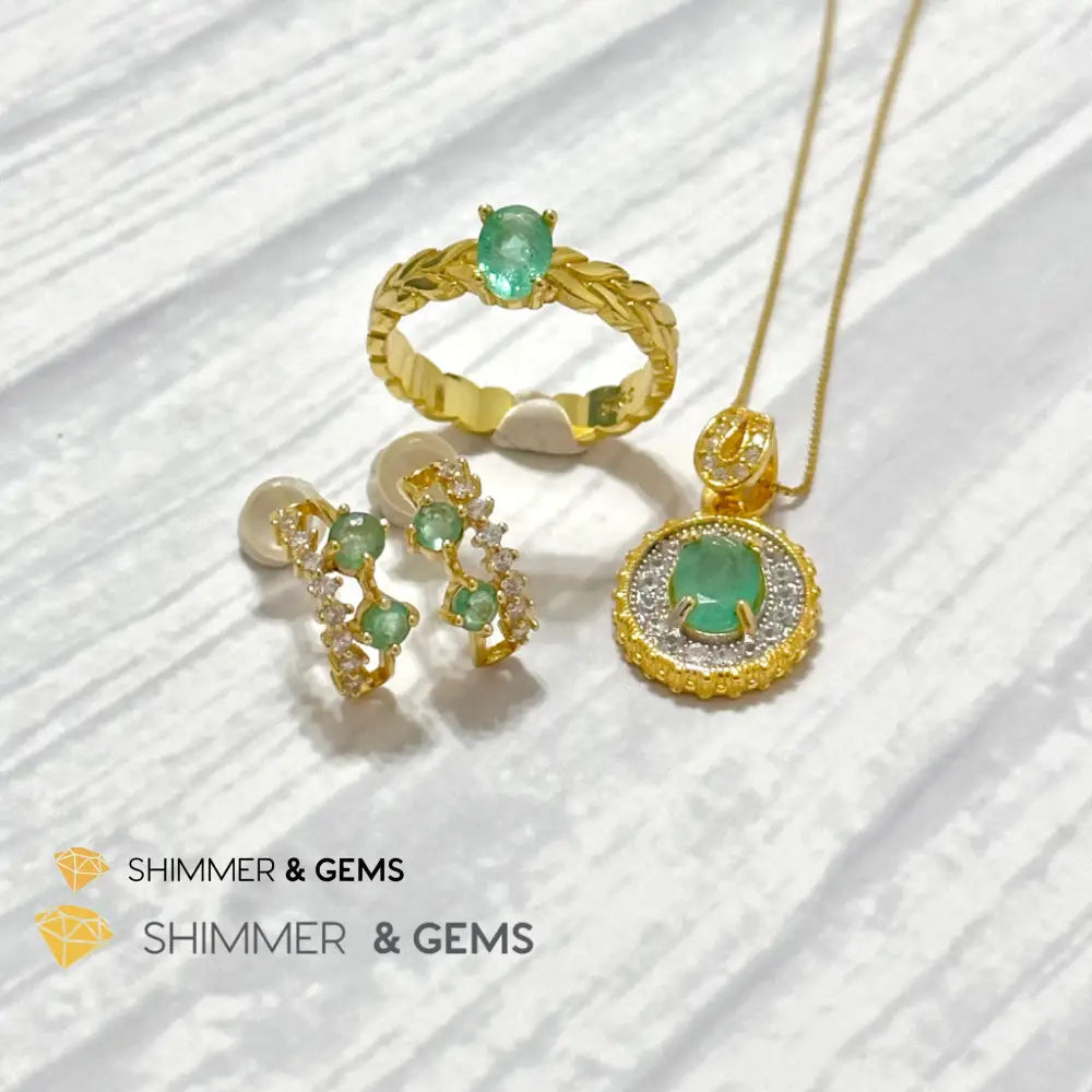 Emerald Jewelry Set (Ring Earrings Necklace) 925 Silver Gold Plated Set of Ring, Earrings, Necklace