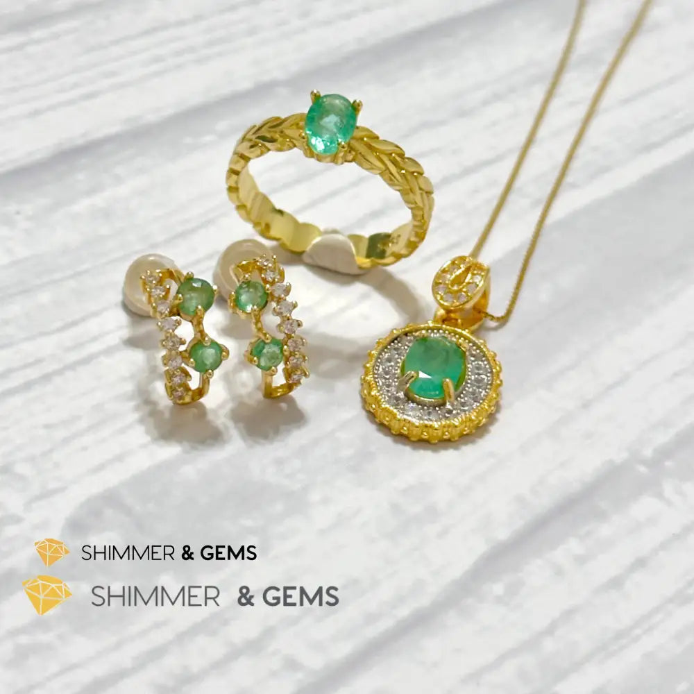 Emerald Jewelry Set (Ring Earrings Necklace) 925 Silver Gold Plated Set of Ring, Earrings, Necklace