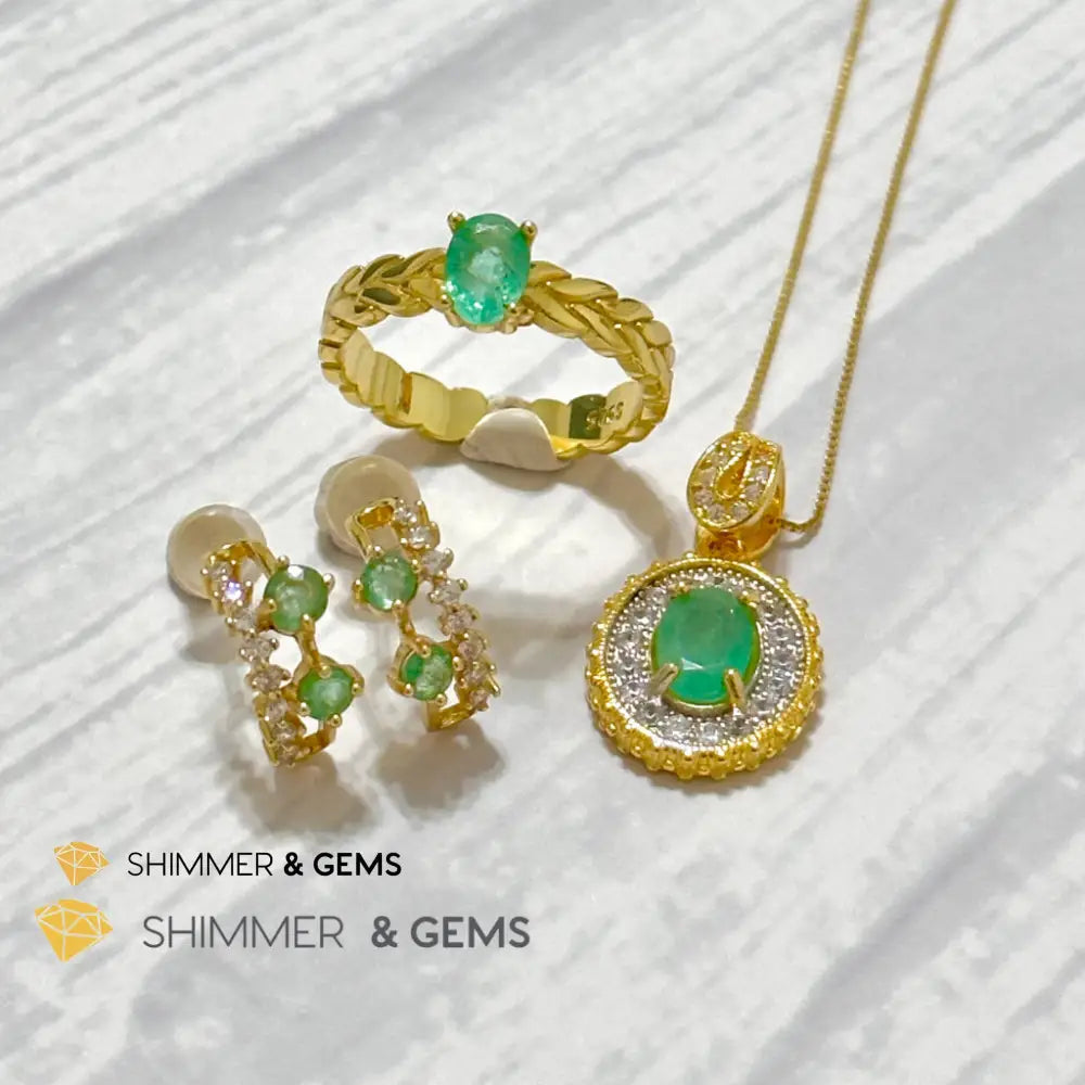Emerald Jewelry Set (Ring Earrings Necklace) 925 Silver Gold Plated Set of Ring, Earrings, Necklace