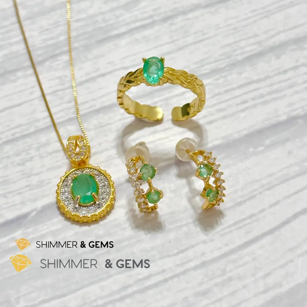 Emerald Jewelry Set (Ring Earrings Necklace) 925 Silver Gold Plated Set of Ring, Earrings, Necklace