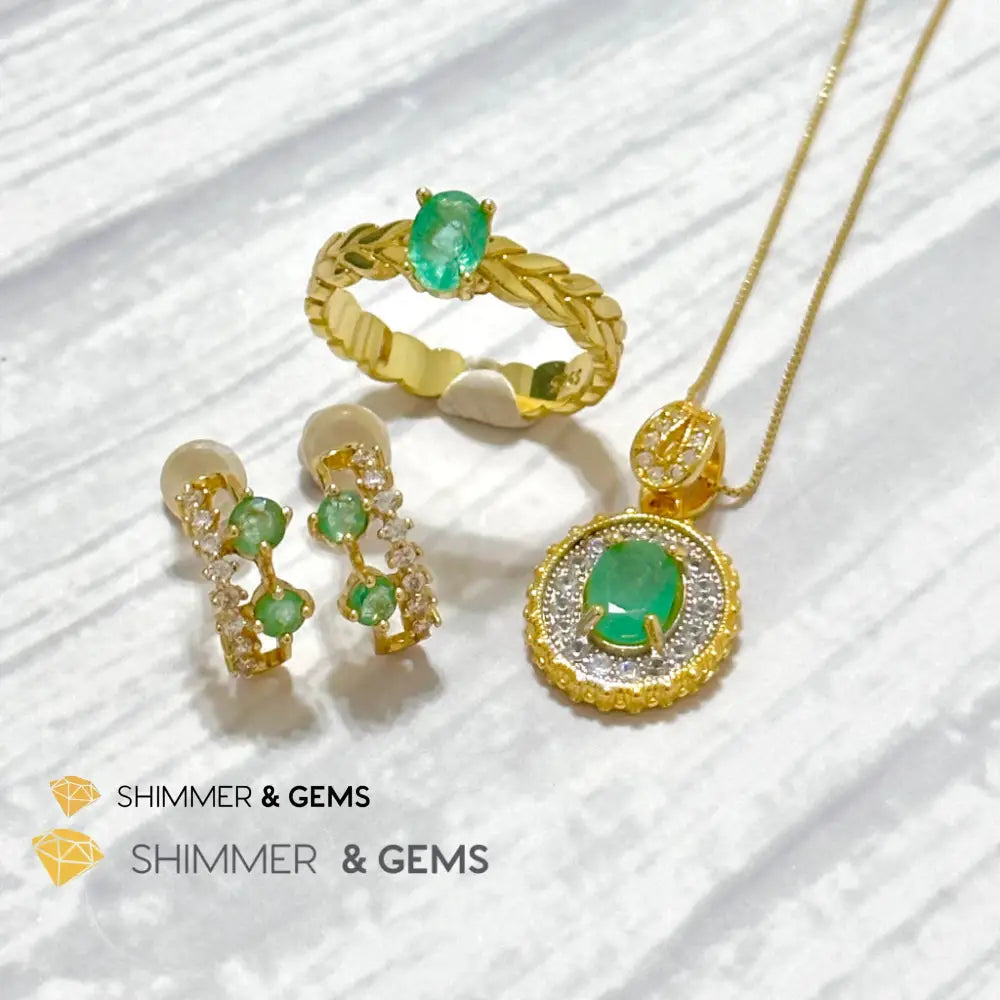 Emerald Jewelry Set (Ring Earrings Necklace) 925 Silver Gold Plated Set of Ring, Earrings, Necklace