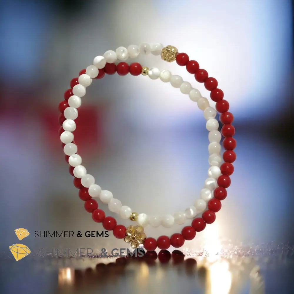 Energy Balance Infinity Bracelet (Red Coral & Mother of Pearl 4mm with 14k gold plated copper charms)Feng Shui 2024
