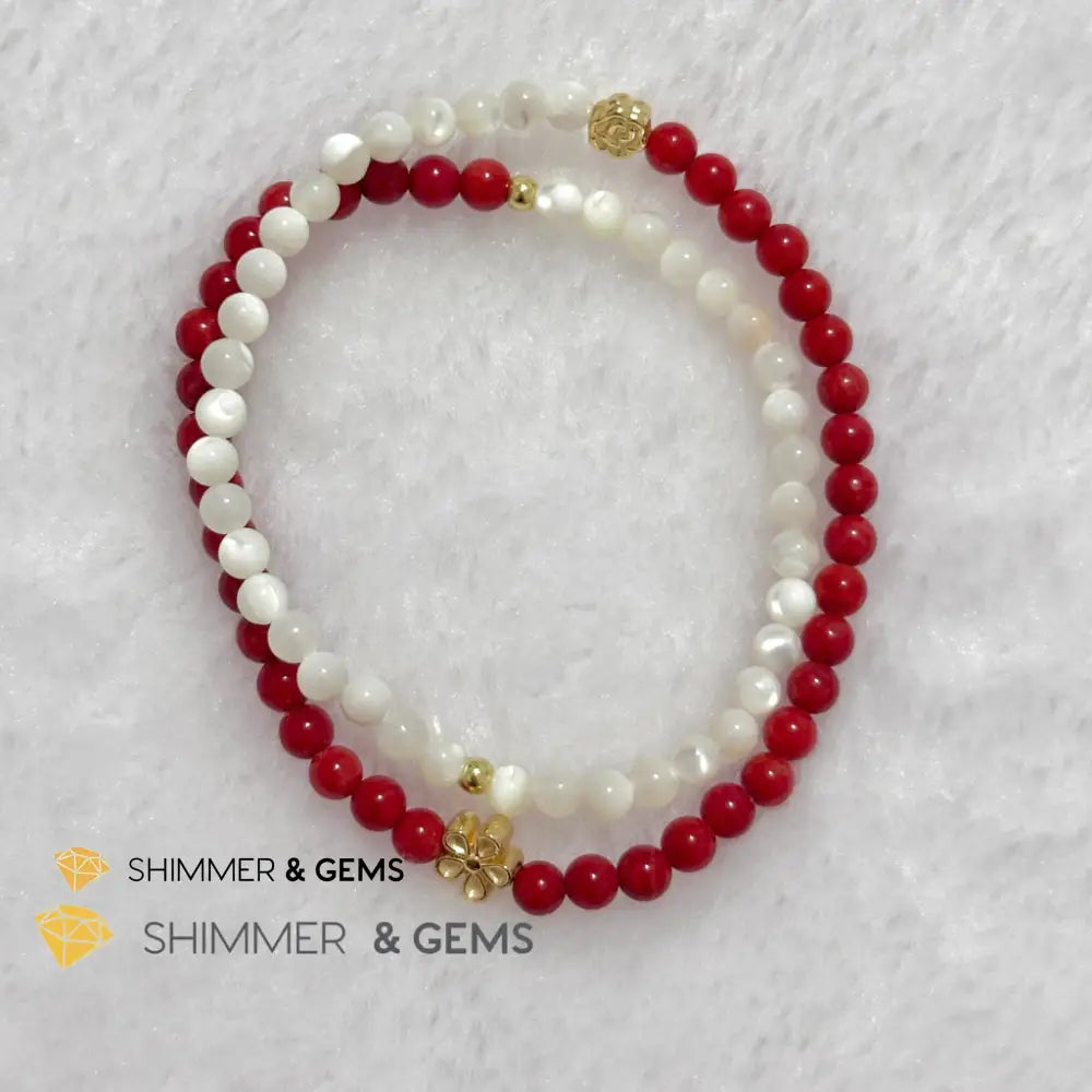 Energy Balance Infinity Bracelet (Red Coral & Mother of Pearl 4mm with 14k gold plated copper charms)Feng Shui 2024
