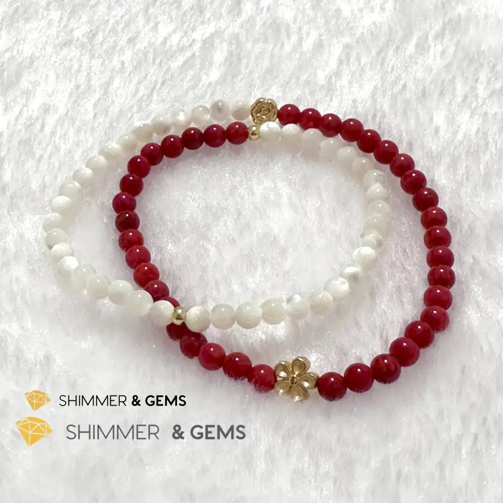 Energy Balance Infinity Bracelet (Red Coral & Mother of Pearl 4mm with 14k gold plated copper charms)Feng Shui 2024