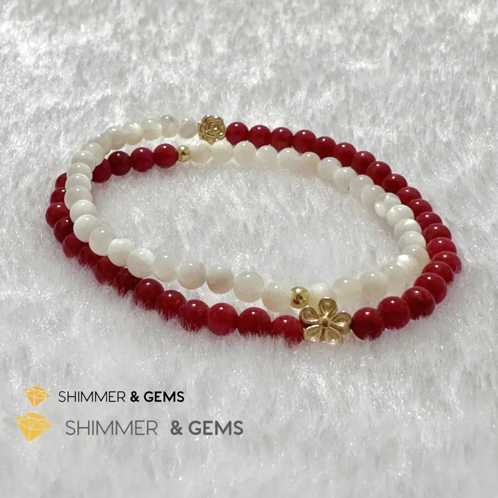 Energy Balance Infinity Bracelet (Red Coral & Mother of Pearl 4mm with 14k gold plated copper charms)Feng Shui 2024