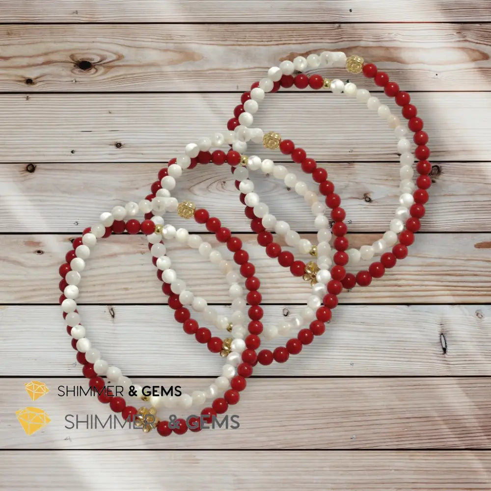 Energy Balance Infinity Bracelet (Red Coral & Mother of Pearl 4mm with 14k gold plated copper charms)Feng Shui 2024