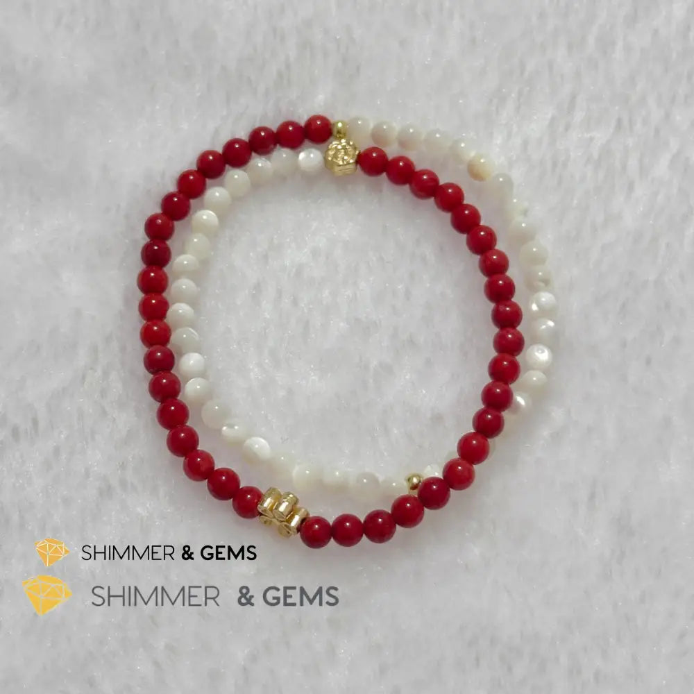 Energy Balance Infinity Bracelet (Red Coral & Mother of Pearl 4mm with 14k gold plated copper charms)Feng Shui 2024