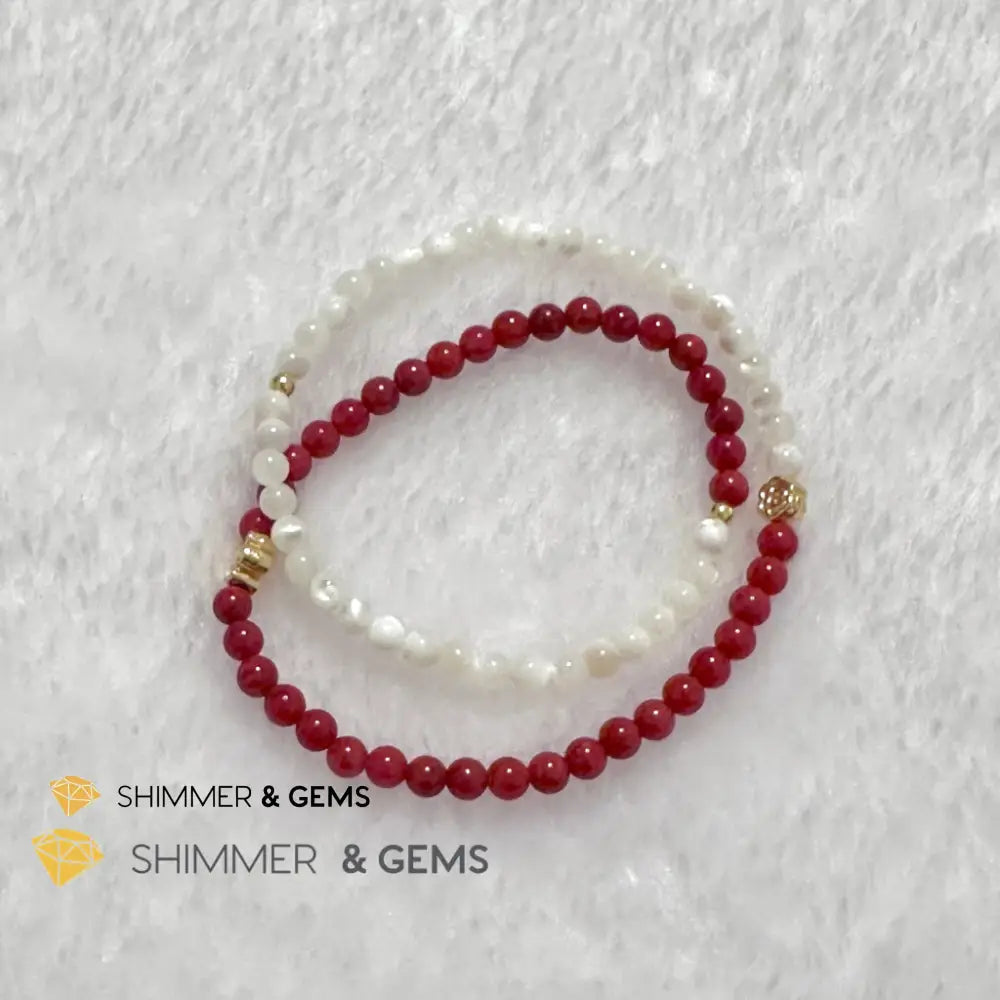 Energy Balance Infinity Bracelet (Red Coral & Mother of Pearl 4mm with 14k gold plated copper charms)Feng Shui 2024