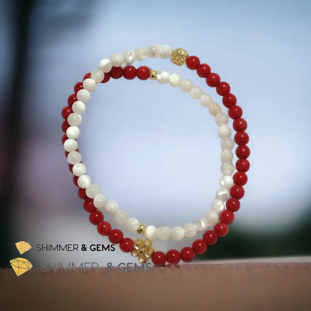 Energy Balance Infinity Bracelet (Red Coral & Mother of Pearl 4mm with 14k gold plated copper charms)Feng Shui 2024