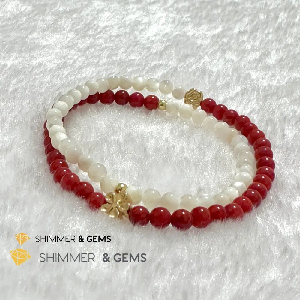Energy Balance Infinity Bracelet (Red Coral & Mother of Pearl 4mm with 14k gold plated copper charms)Feng Shui 2024