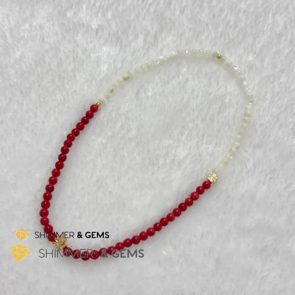 Energy Balance Infinity Bracelet (Red Coral & Mother of Pearl 4mm with 14k gold plated copper charms)Feng Shui 2024