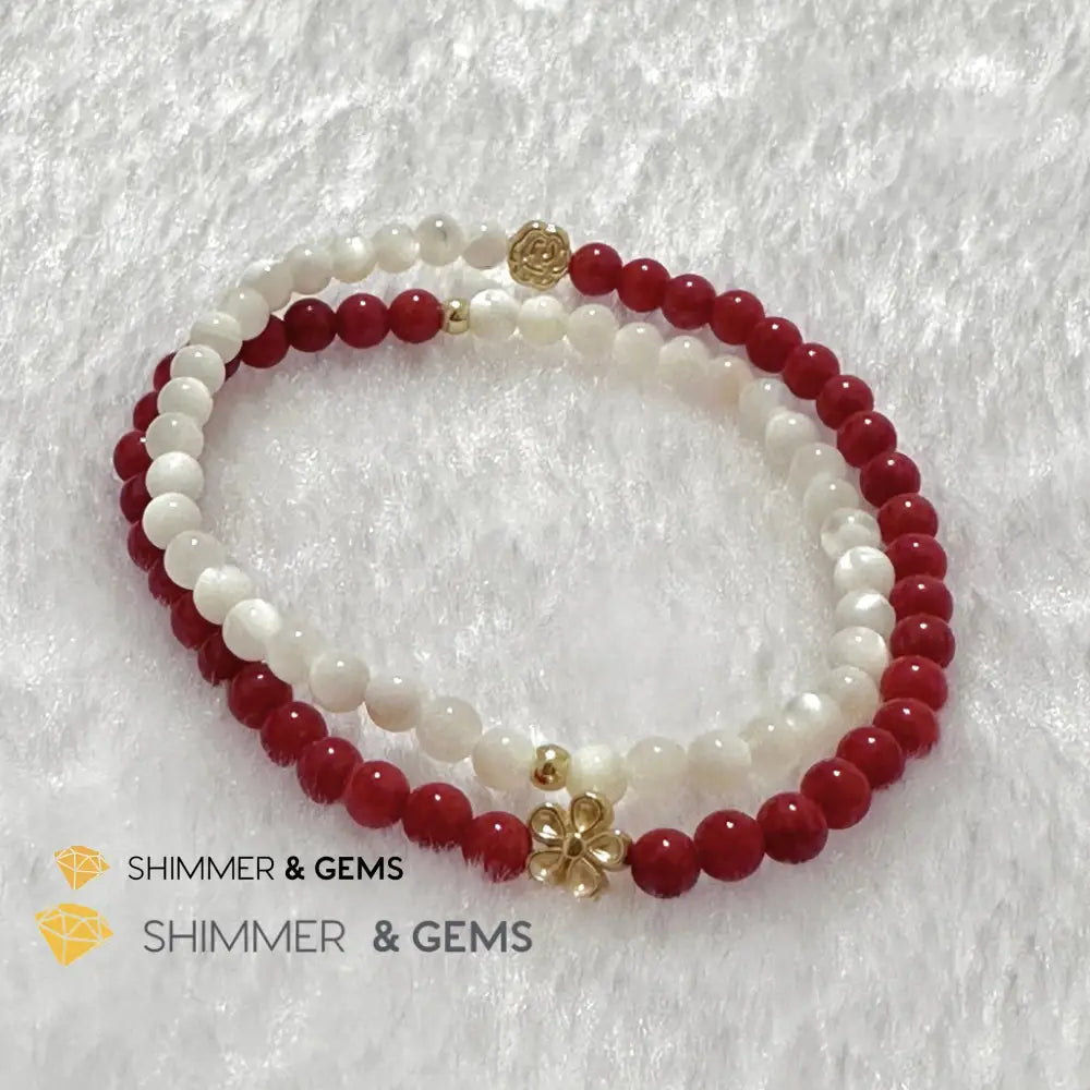 Energy Balance Infinity Bracelet (Red Coral & Mother of Pearl 4mm with 14k gold plated copper charms)Feng Shui 2024