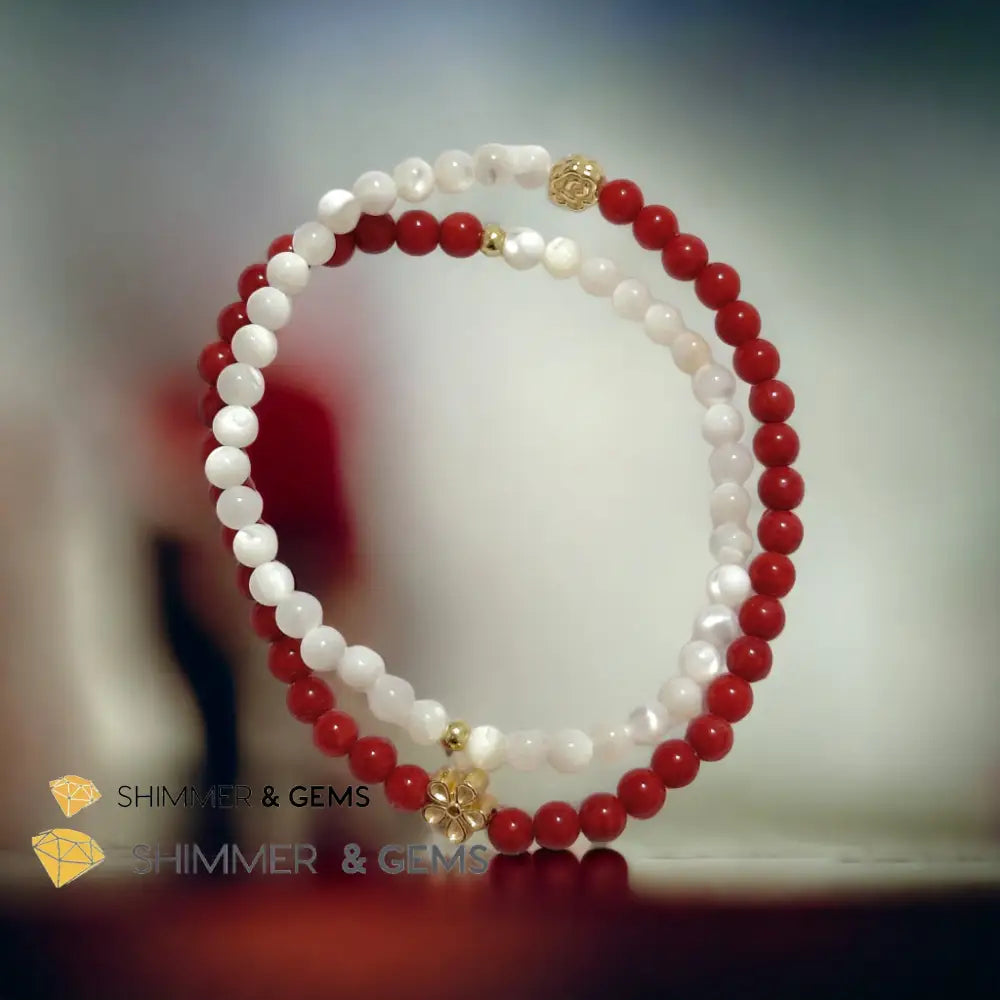Energy Balance Infinity Bracelet (Red Coral & Mother of Pearl 4mm with 14k gold plated copper charms)Feng Shui 2024
