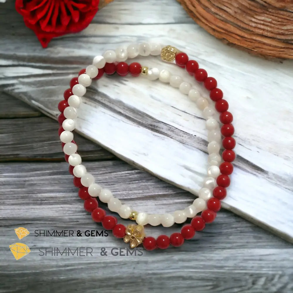 Energy Balance Infinity Bracelet (Red Coral & Mother of Pearl 4mm with 14k gold plated copper charms)Feng Shui 2024