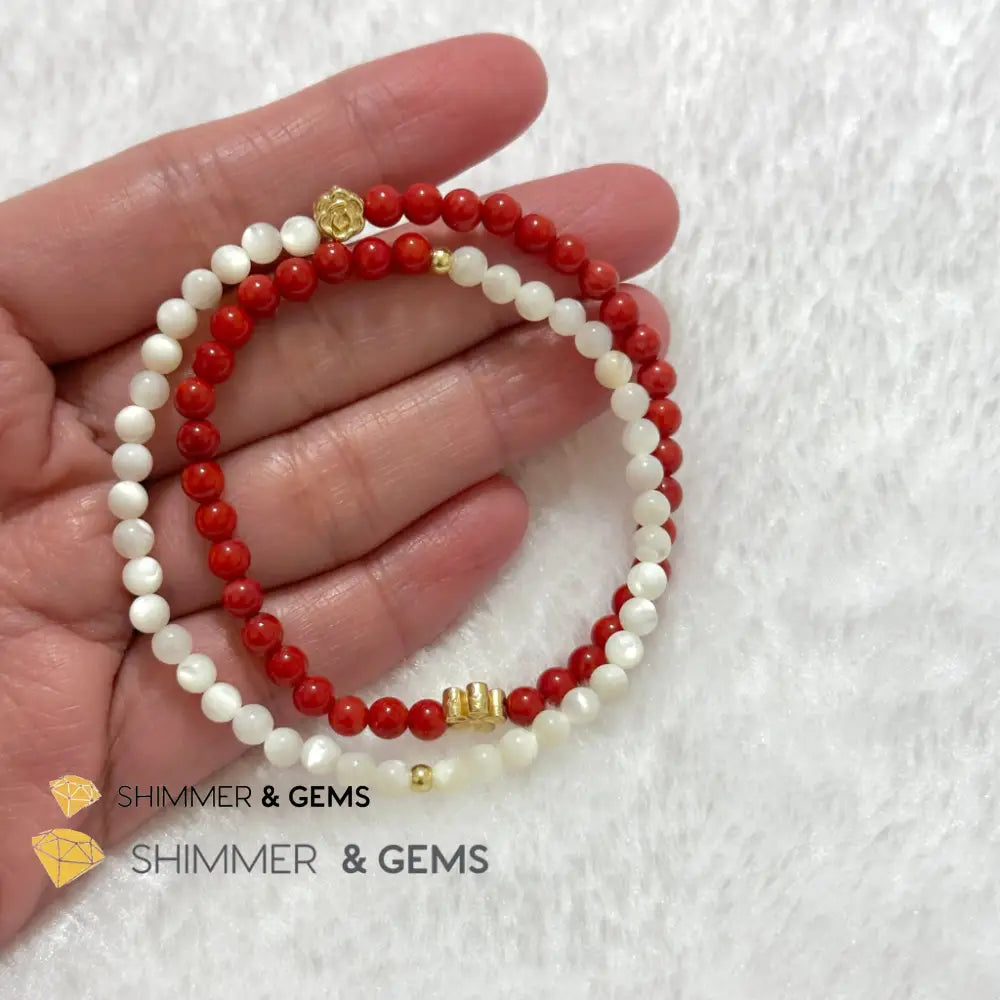 Energy Balance Infinity Bracelet (Red Coral & Mother of Pearl 4mm with 14k gold plated copper charms)Feng Shui 2024