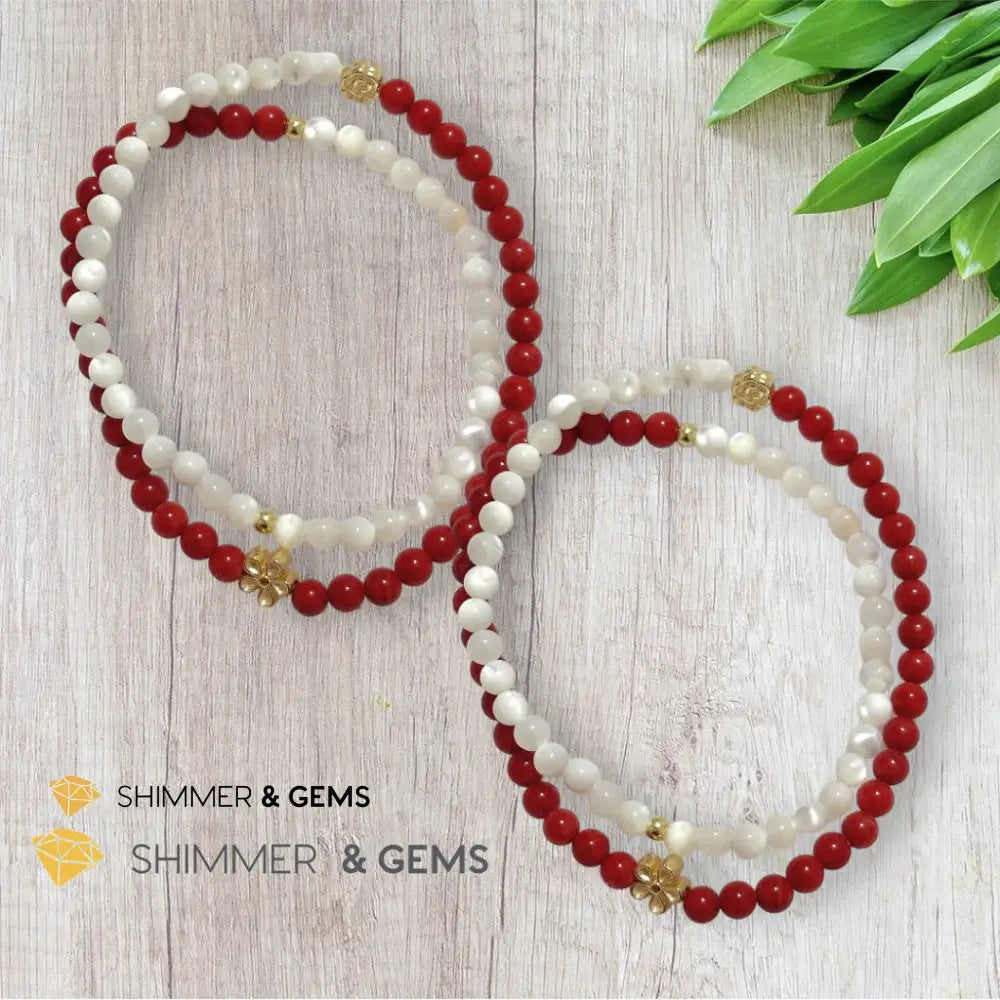 Energy Balance Infinity Bracelet (Red Coral & Mother of Pearl 4mm with 14k gold plated copper charms)Feng Shui 2024