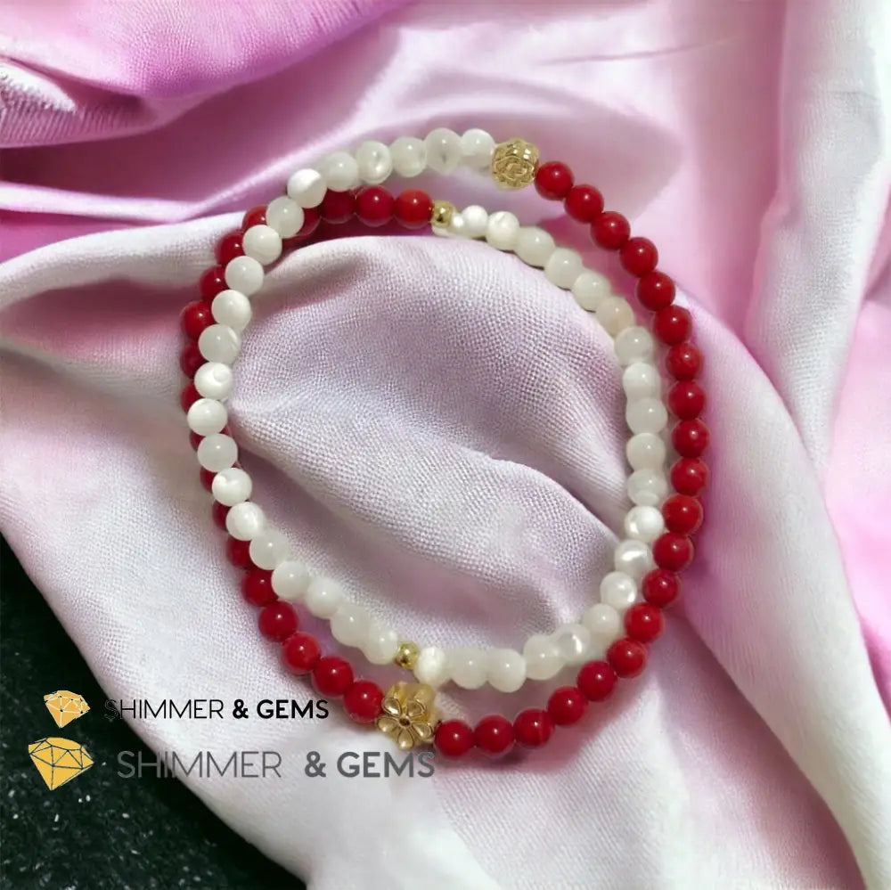 Energy Balance Infinity Bracelet (Red Coral & Mother of Pearl 4mm with 14k gold plated copper charms)Feng Shui 2024