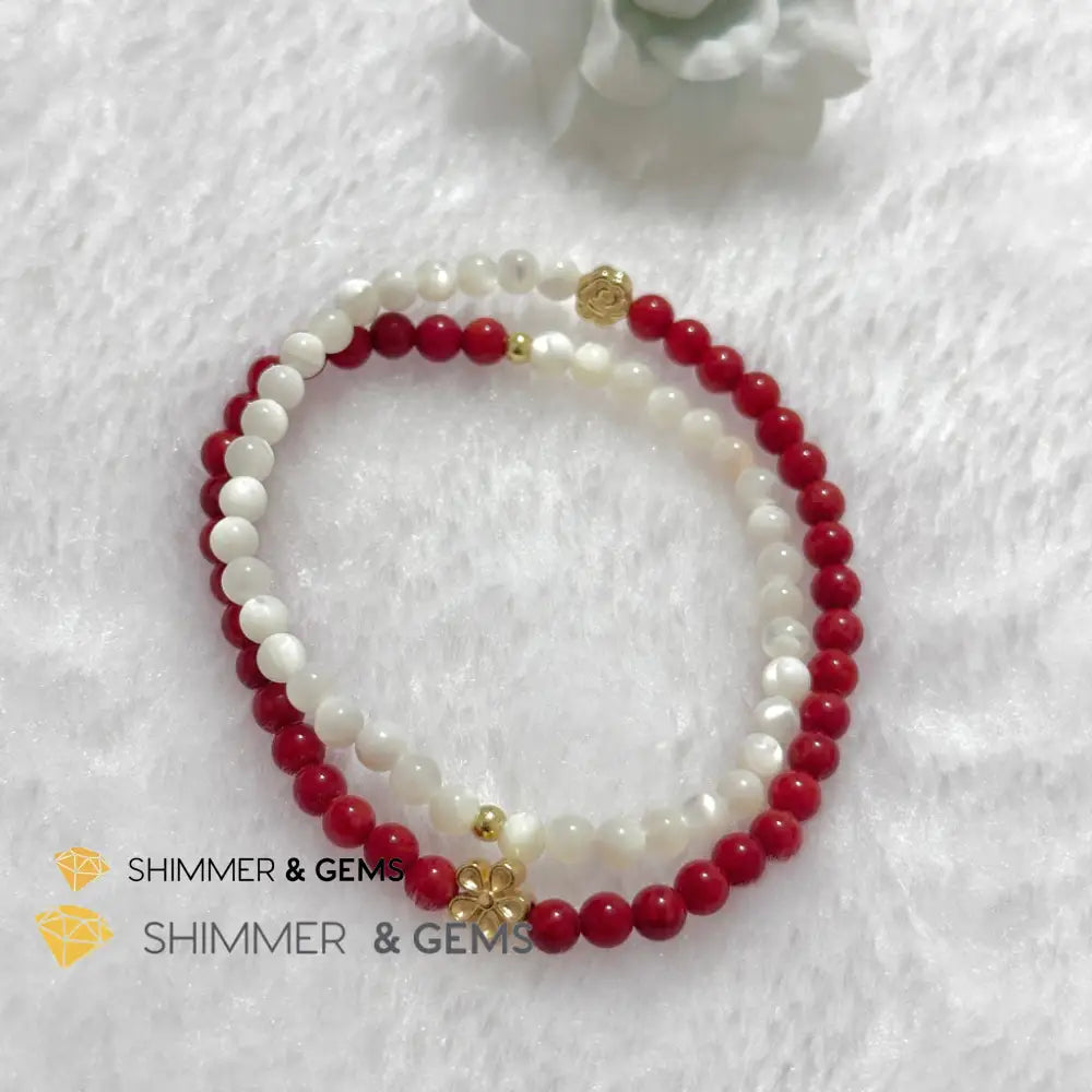 Energy Balance Infinity Bracelet (Red Coral & Mother of Pearl 4mm with 14k gold plated copper charms)Feng Shui 2024