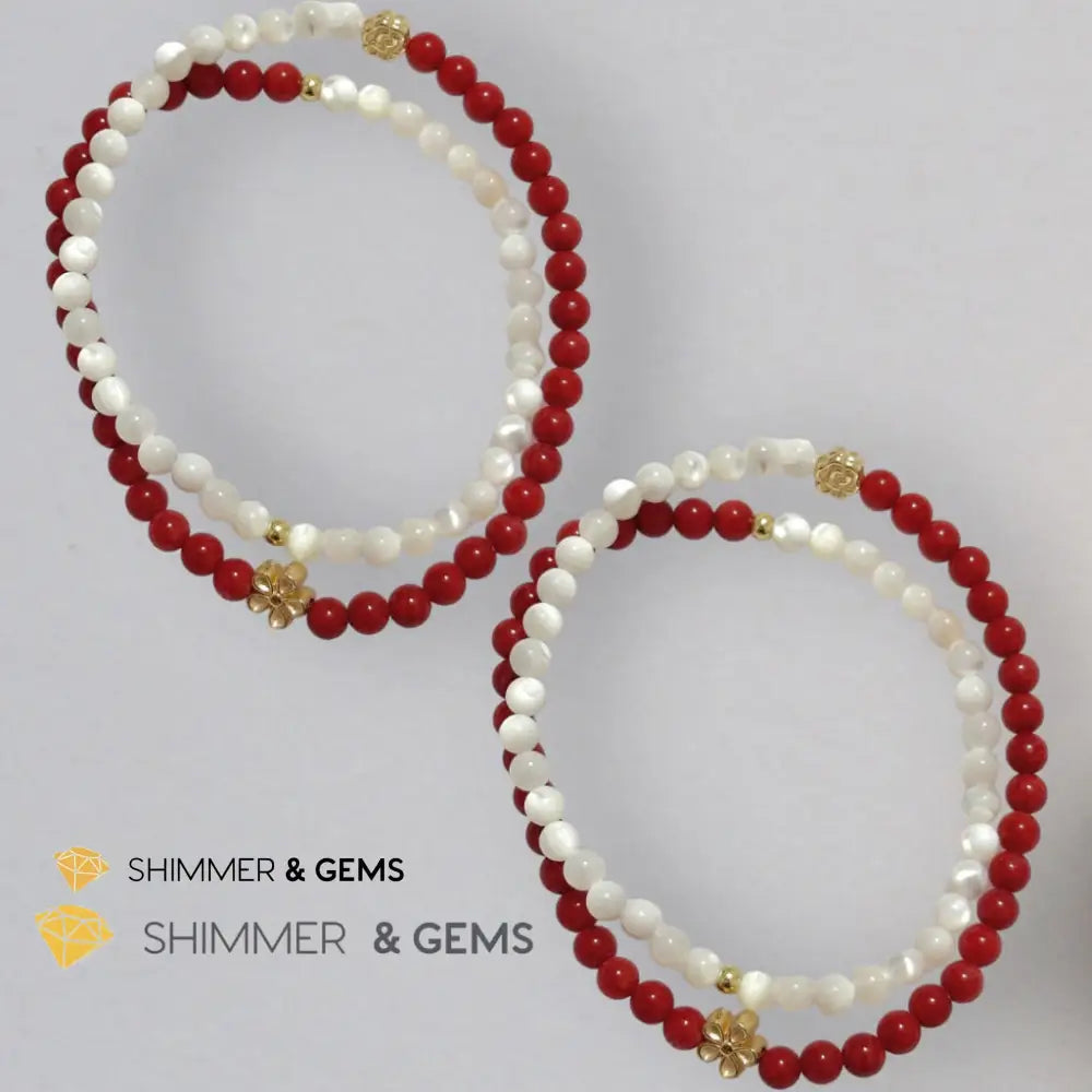 Energy Balance Infinity Bracelet (Red Coral & Mother of Pearl 4mm with 14k gold plated copper charms)Feng Shui 2024
