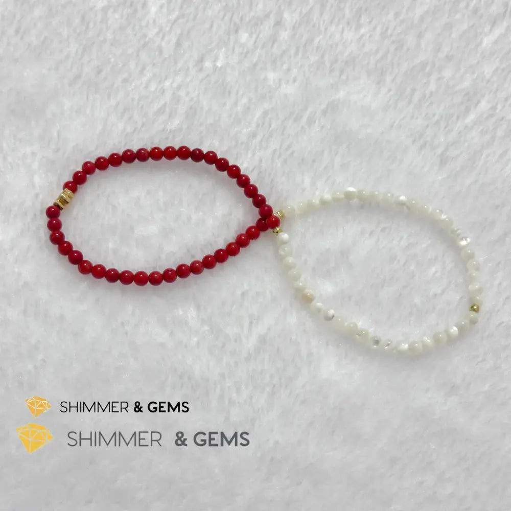 Energy Balance Infinity Bracelet (Red Coral & Mother of Pearl 4mm with 14k gold plated copper charms)Feng Shui 2024
