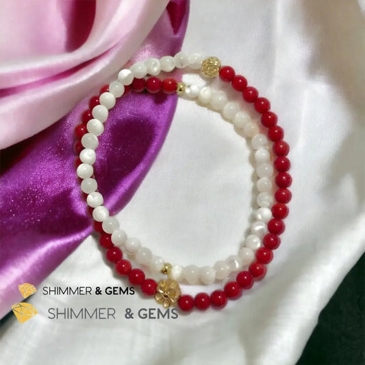 Energy Balance Infinity Bracelet (Red Coral & Mother of Pearl 4mm with 14k gold plated copper charms)Feng Shui 2024