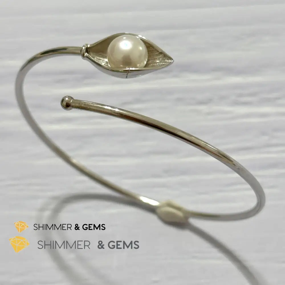Freshwater Pearl 9mm Round 925 Silver Bangle Adjustable Open Bangle