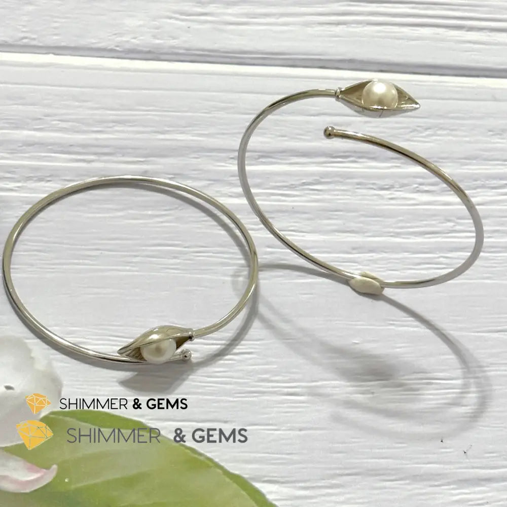 Freshwater Pearl 9mm Round 925 Silver Bangle Adjustable Open Bangle