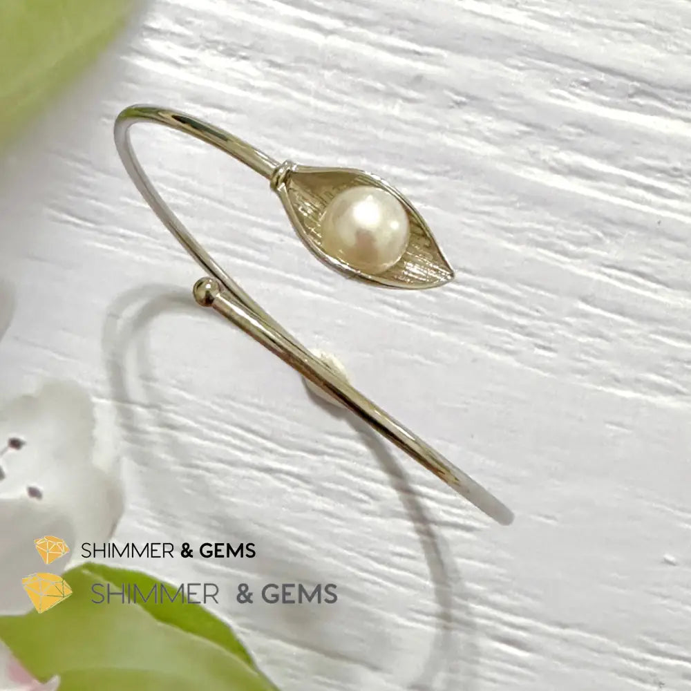 Freshwater Pearl 9mm Round 925 Silver Bangle Adjustable Open Bangle