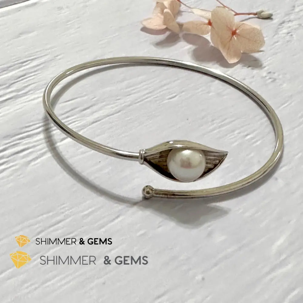 Freshwater Pearl 9mm Round 925 Silver Bangle Adjustable Open Bangle