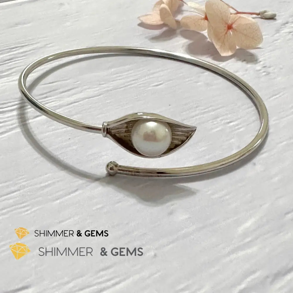 Freshwater Pearl 9mm Round 925 Silver Bangle Adjustable Open Bangle